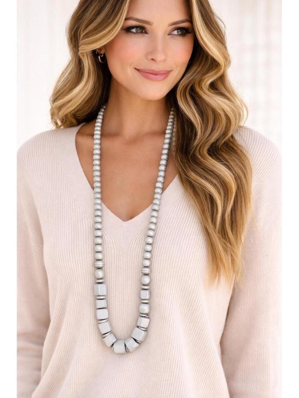 Plunder Bennett Necklace Matte Silver Wood Beads Long 34” NWOT Boho Statement